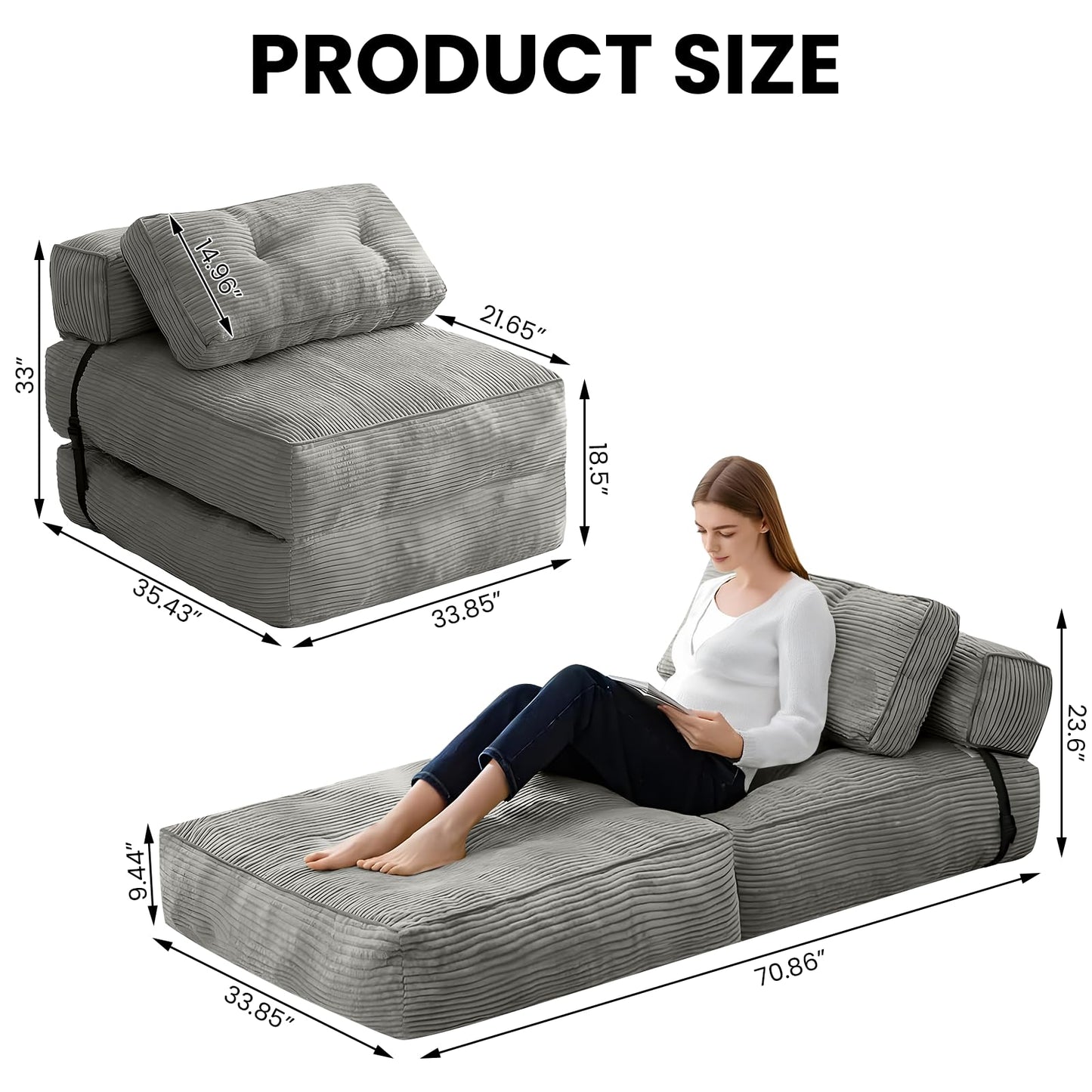 tantohom Folding Sofa Bed, Convertible Sleeper Chair with Pillow Foldable Mattress with Back Support,Space-Saving Sofa for Living Room,Bedroom (Gray)