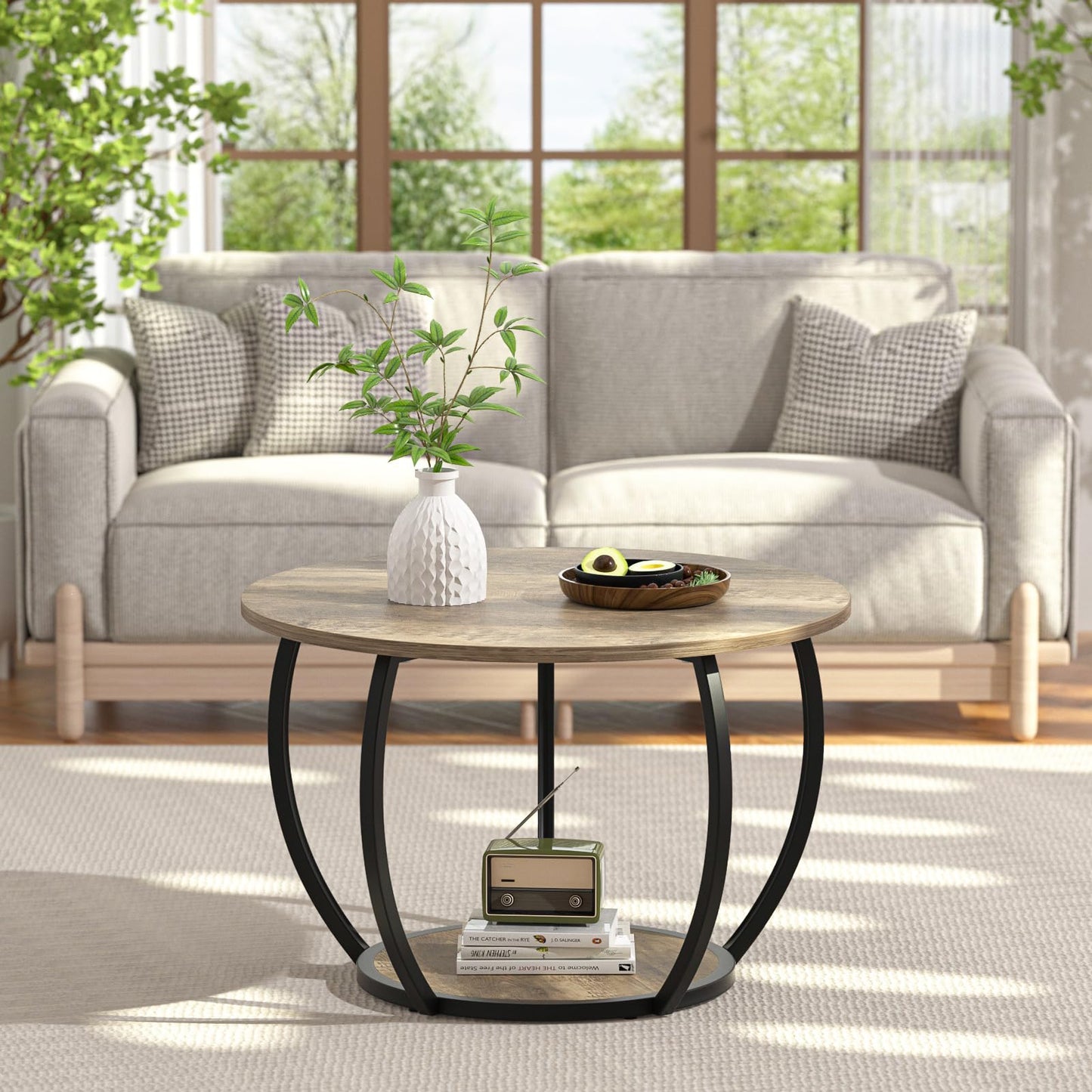 GreenForest Coffee Table Round for Living Room, 27.6 inch 2 Tier Small Tea Tables with Storage, Farmhouse Center Table with Adjustable Feet, Grey Wash