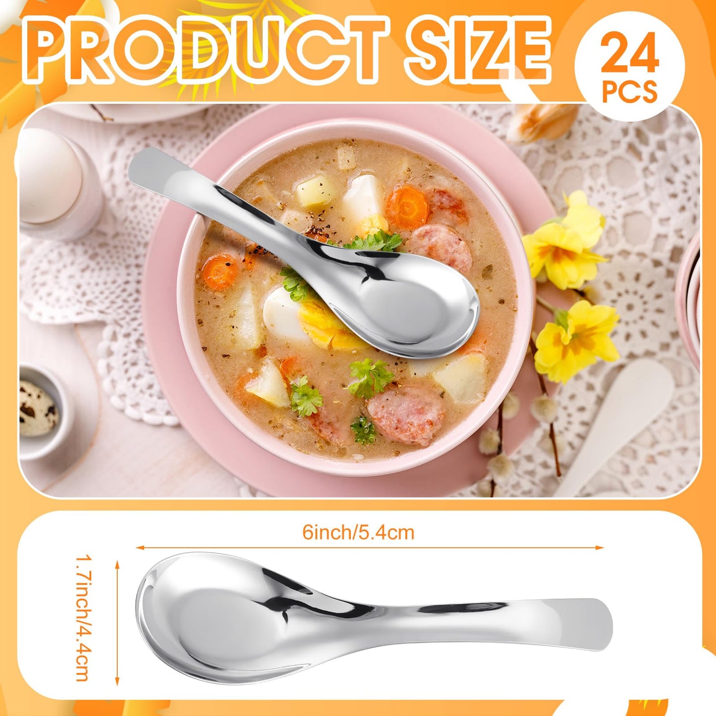 Tioncy 24 Pcs Stainless Steel Soup Spoons Mirror Polished Asian Soup Spoons for Bouillon Dessert Cereal Ramen Pho Wonton Dumpling Noodles