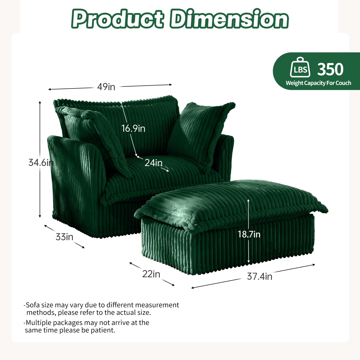 Ravy Concept 49" Slipcovered Chaise Lounge Chair, Corduroy Accent Chair with Removable Covers, 1-Seater Sofa with Movable Ottoman, Deep Seat Single Sofa Couch for Living Room (Green)