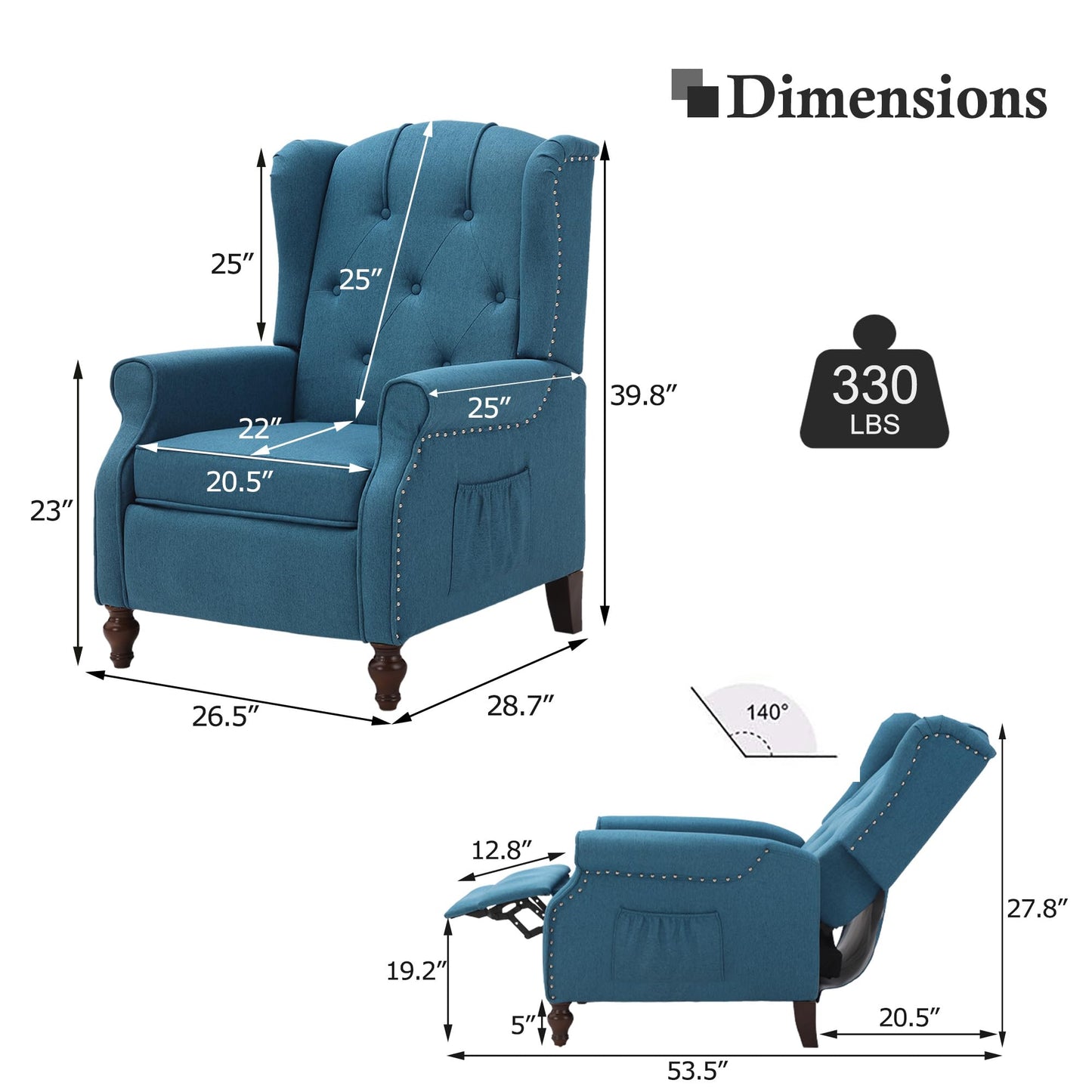 B BAIJIAWEI Wingback Recliner - Tufted Arm Chair With Massage and Heat - Fabric Push Back With Remote Control, Heating Function, Adjustable Backrest (Blue)