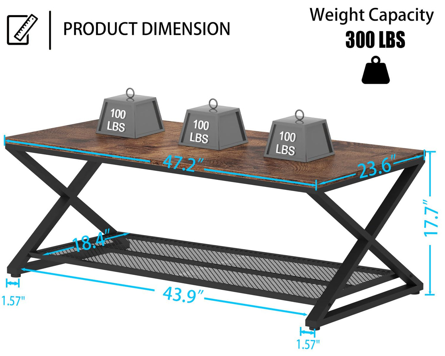 LVB Rustic Coffee Table with Storage, Industrial Wood Metal 2 Tier Center Living Room Table with Mesh Shelf, Farmhouse Wooden Low Rectangle Cocktail Tea Table for Office Bedroom, 47 inch, Rustic Brown