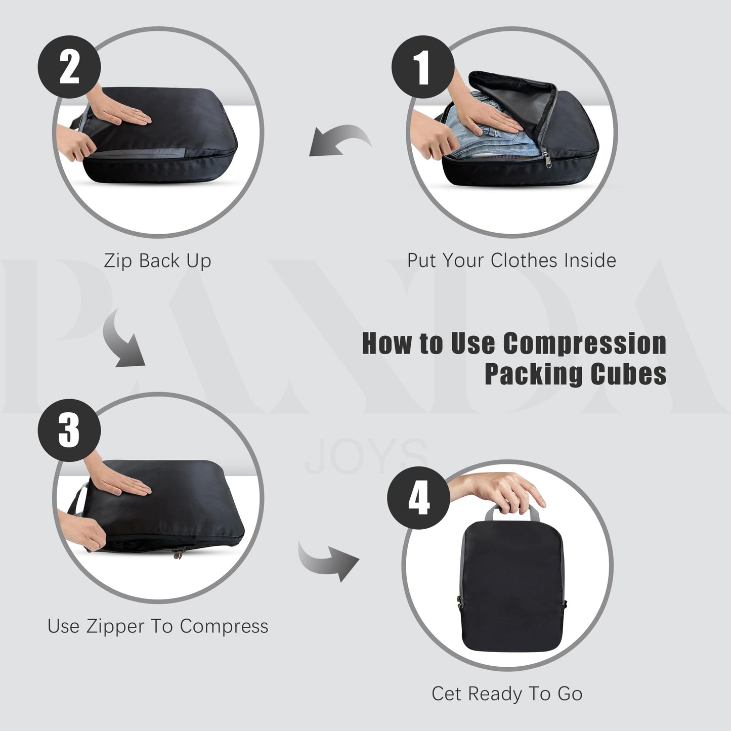 PANDA JOYS 4 Set Compression Packing Cubes Travel - Travel Accessories Expandable Packing Organizers for Carry On - Essentials Luggage Bags - Black