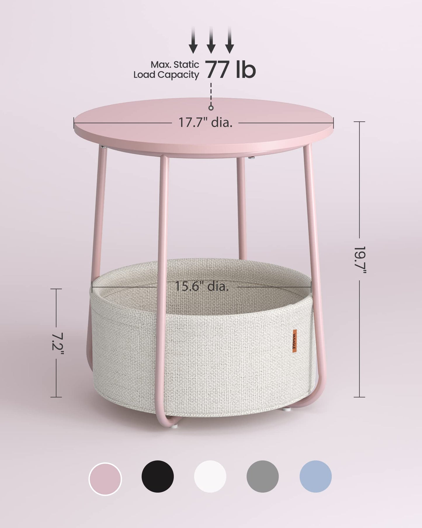 VASAGLE Small Round Side End Table, Modern Nightstand with Fabric Basket, Jelly Pink and Cream White ULET223R61