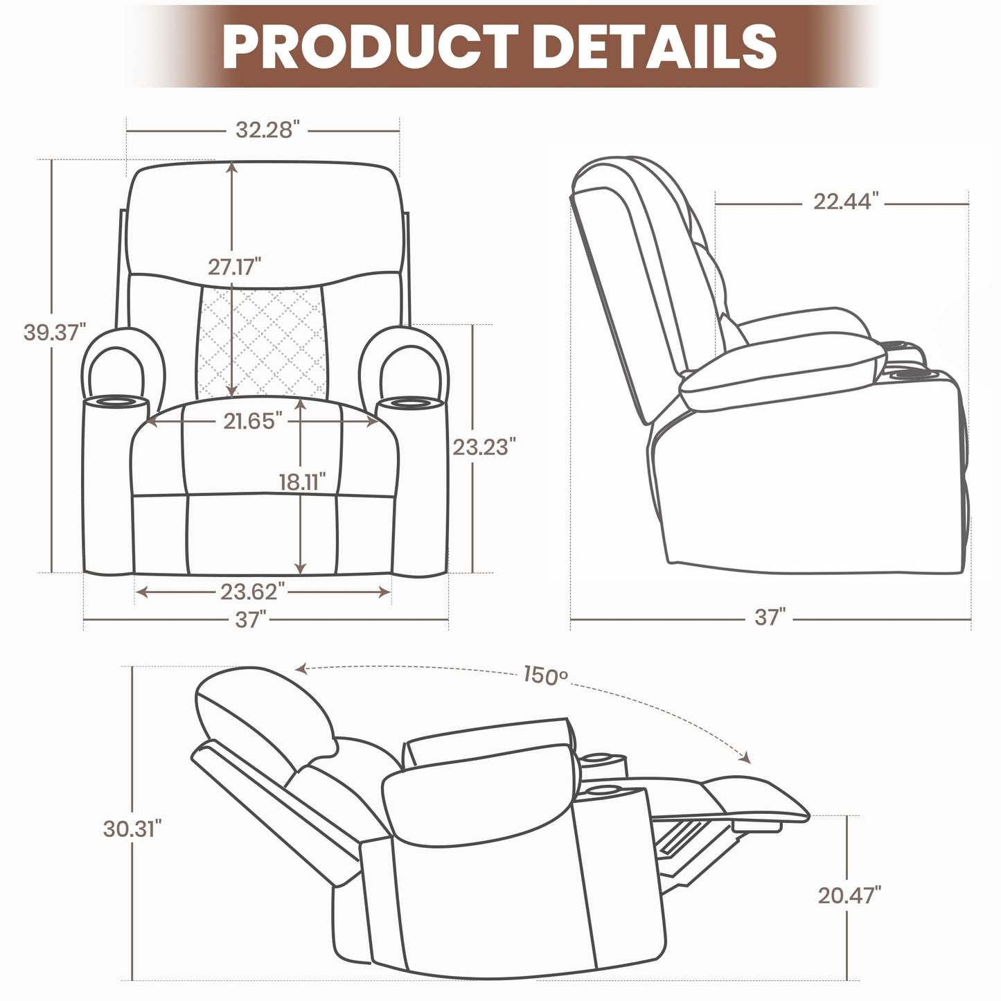 Keydo Rocker Recliner with Cup Holder, Manual Rocking Reclining Chairs for Living Room, Morden Home Theater Lounge Seating, Soft Padded Seat for Comfort (Fabric,Brown)