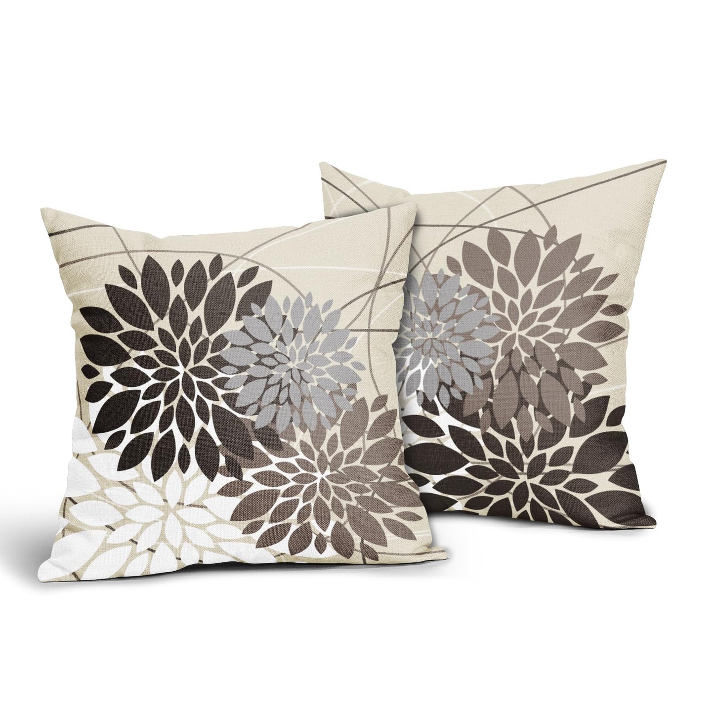 Dark Brown Flower Pillow Covers 18x18 Grey Gray White Dahlia Floral Spring Decorative Throw Pillows Farmhouse Outdoor Seasonal Decor for Home Sofa Bed Couch Modern Square Cushion Cases, Set of 2