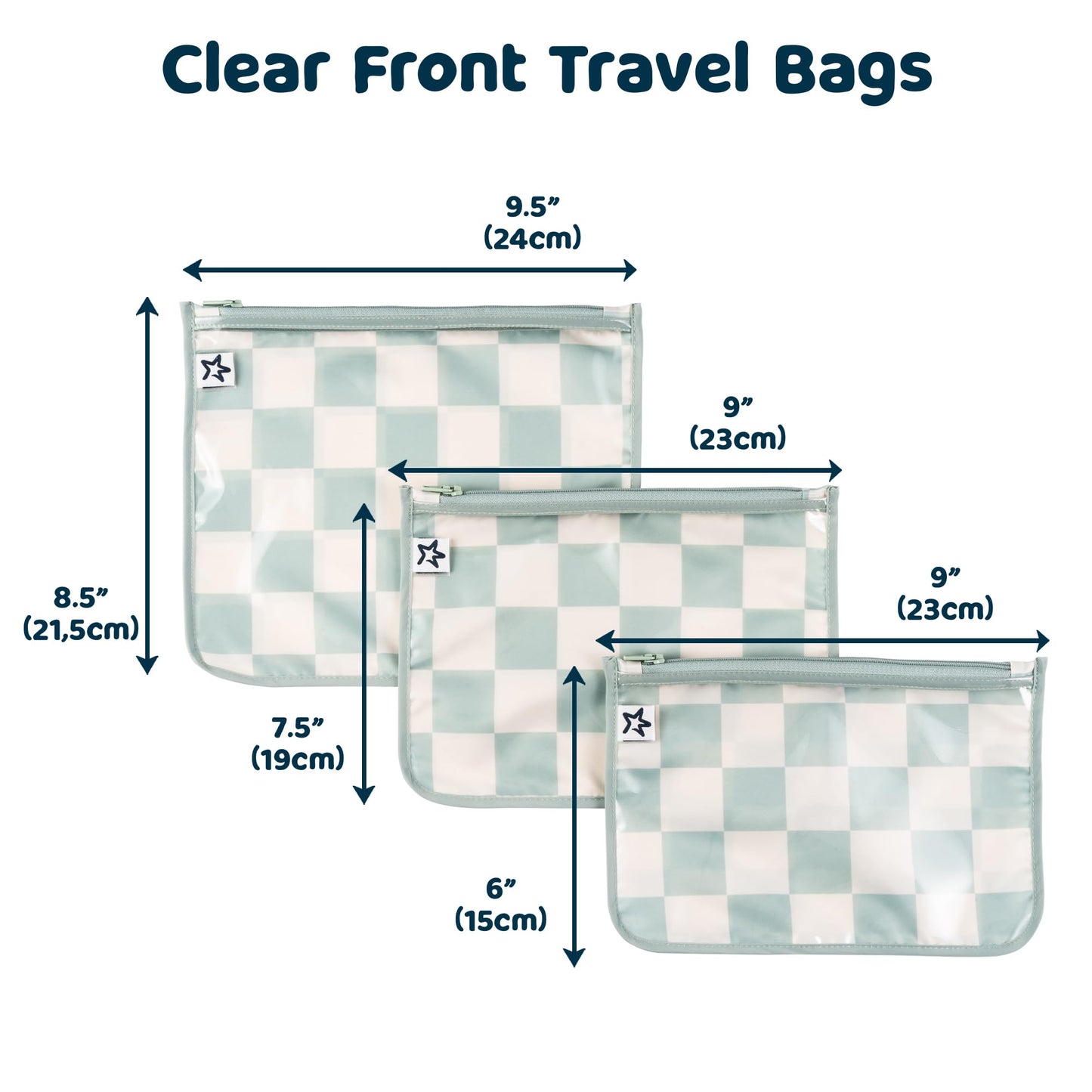 Tiny Twinkle Mess-proof Travel Bags, Airline Compliant, Zipper Closure, Clear Front Pouch, Diaper Bag Packing, Toiletry or Cosmetics Organizer 3 Pack Set (Sage Checkers)