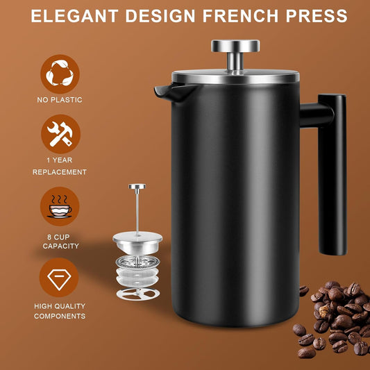 34 OZ Large French Press, Premium Stainless Steel Sturdy Insulated French Press Coffee Maker, 4-8 Cups French Coffee Press, Tea Presses for Home Kitchen Caming Loose Tea, Elegant Black
