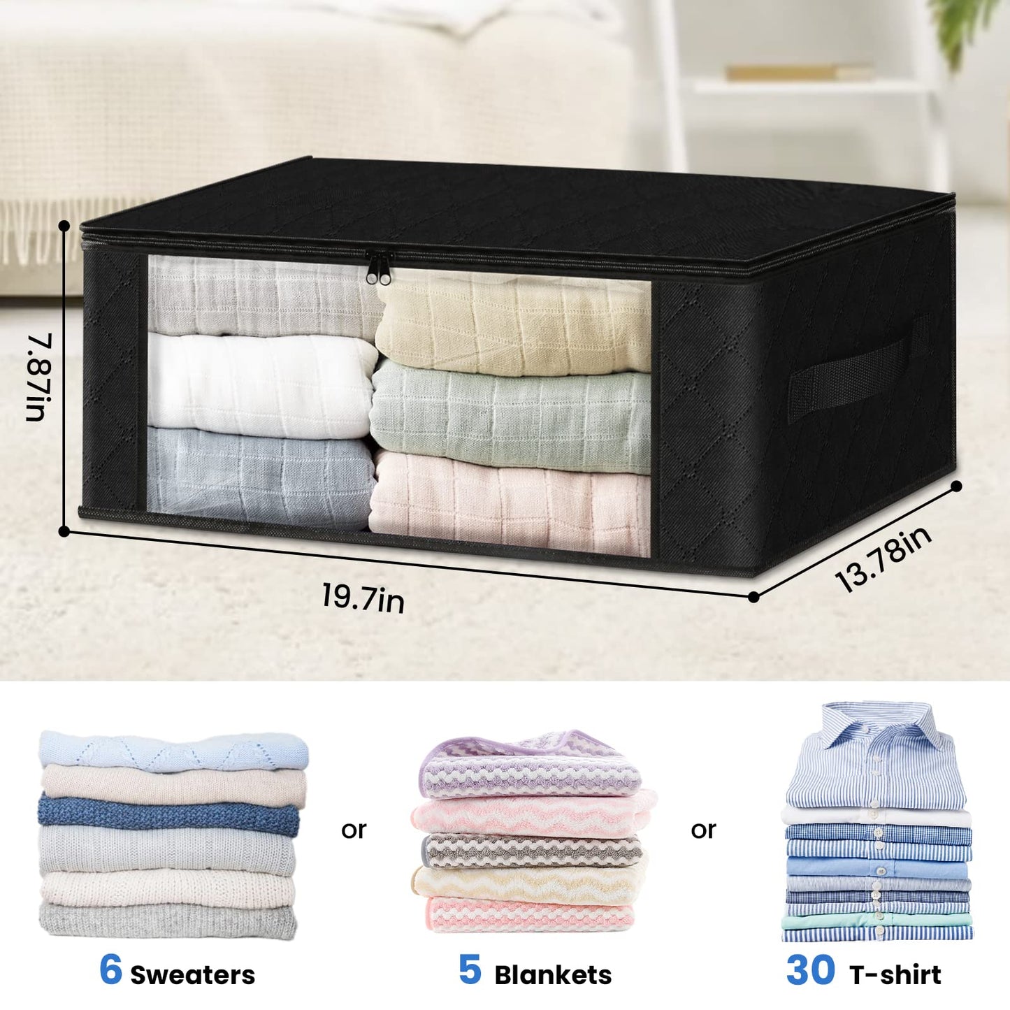 HomeHacks 6-Pack Clothes Organizer Storage Bags Foldable Storage Box with Large Clear Window Sturdy Handles for Closet, Dorm, Pillows, Bedding, Clothes, Stuffed Toys, Blankets, 35L, Black