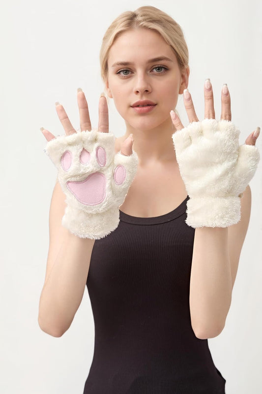 2 Pairs Cat Paw Gloves Fingerless Furry Cat Costume Black And White For Women Costume Accessories
