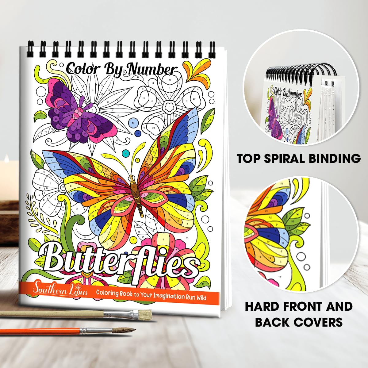 SOUTHERN LOTUS Color by Number Butterfly & Flower Patterns Spiral Coloring Book, Relaxation with Spiral Bound Coloring Book - Unwind and Redefine