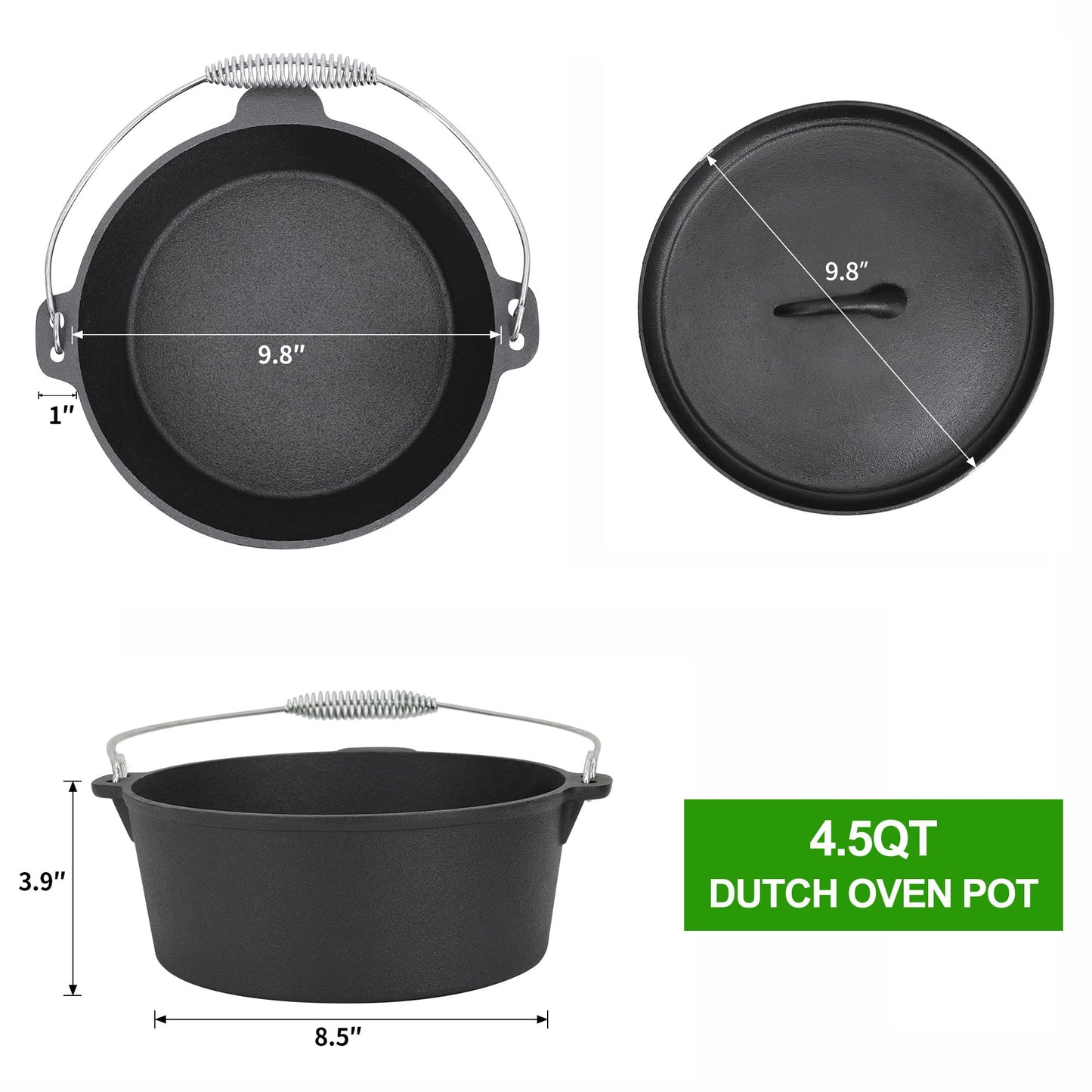 8 Piece Pre-Seasoned Dutch Oven Cooking Set Cast Iron Camping Kitchen Cookware Bakeware Skillets & Square Grill Pan w/Vintage Carrying Wood Box for Ourdoor Home BBQ Baking