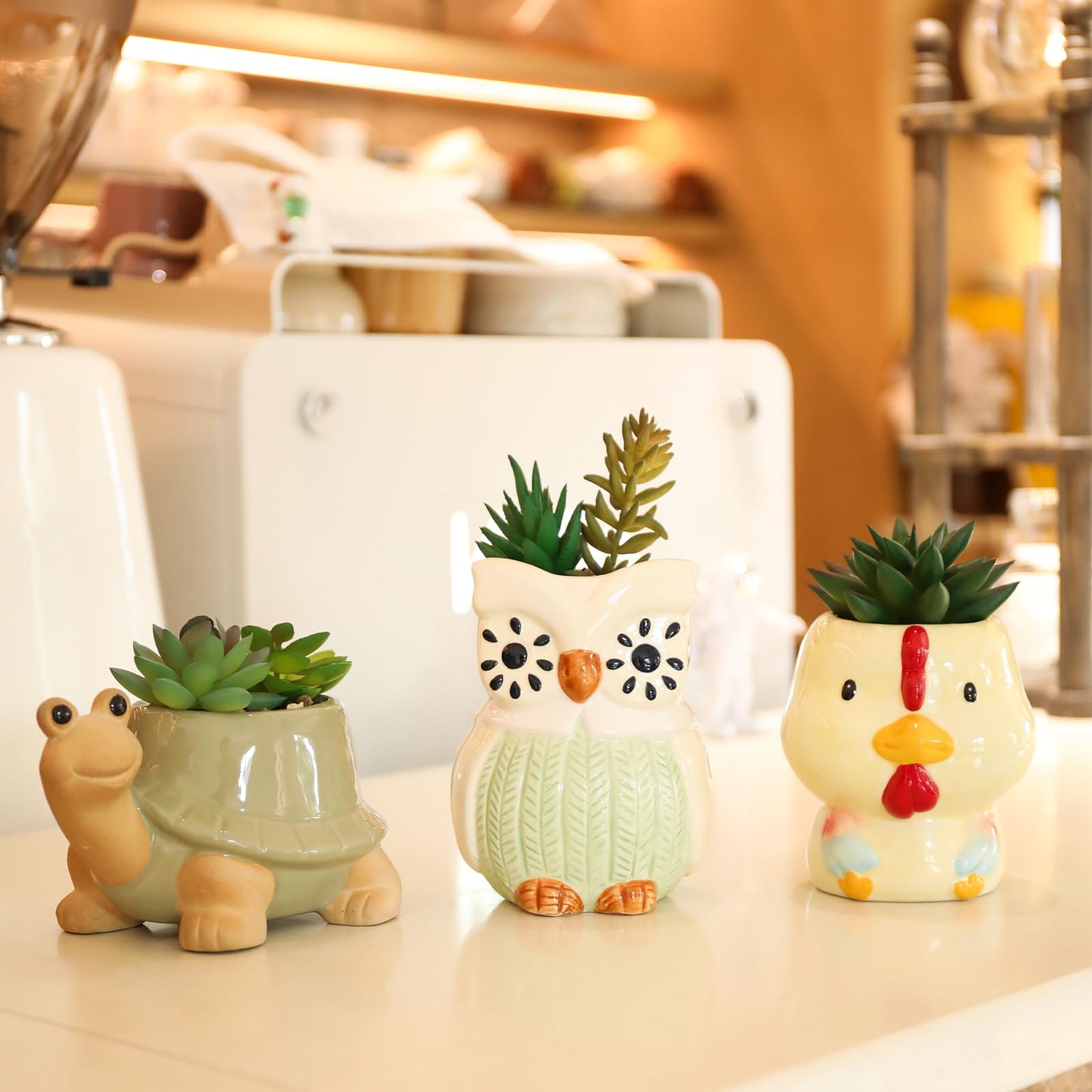VCUTEKA Artificial Plant Mini Fake Plants Small Succulents Plants in Cute Animal Ceramic Pots for Home Bathroom Bedroom Office Desk Decorations Shelves Indoor Table Decor 3 Pack Turtle Chicken Owl