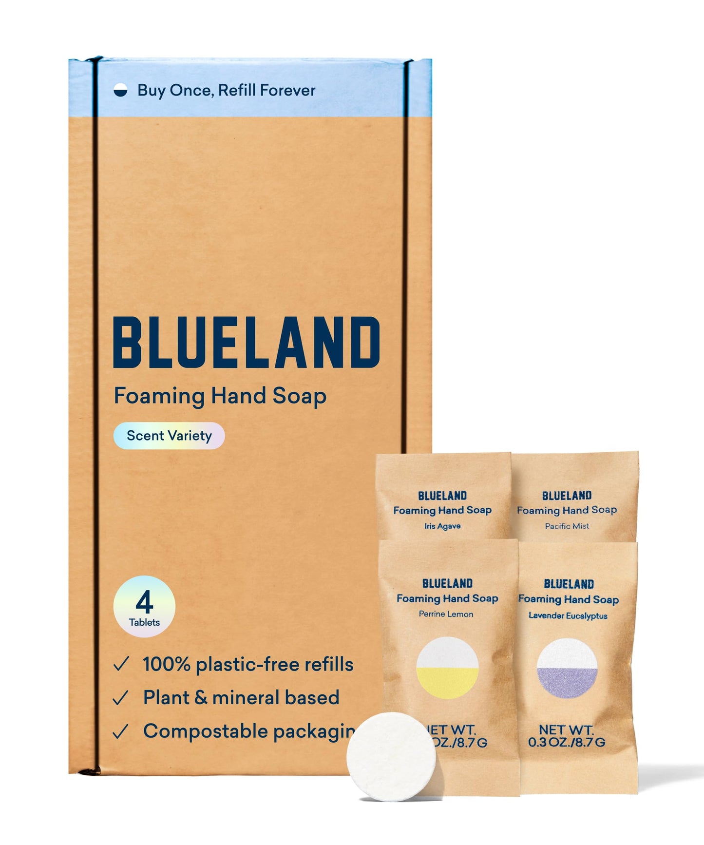 BLUELAND Foaming Hand Soap Refill Tablets, 4-Pack, Variety Scents, Eco Friendly Cleaning Products, 4 x 9 Fl oz
