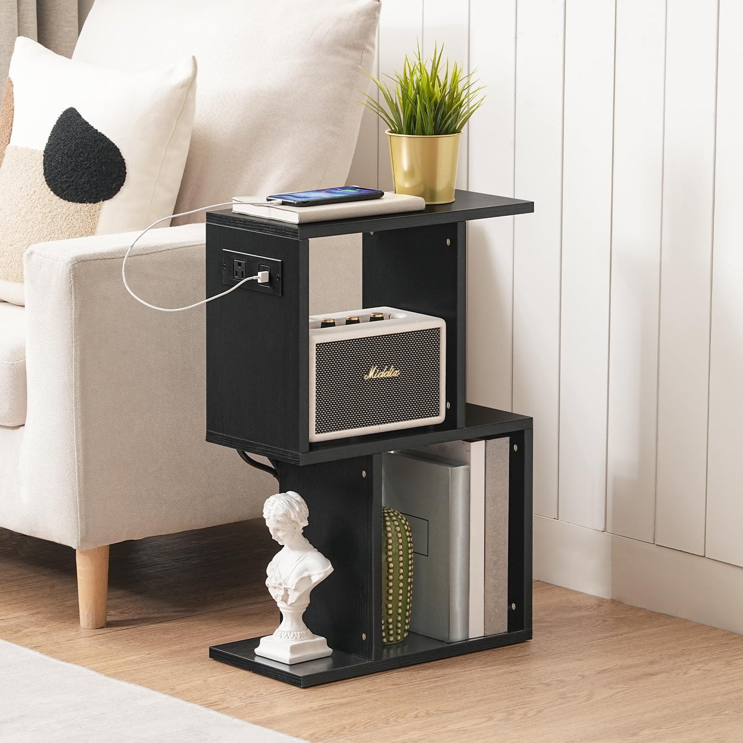 HOOBRO Narrow Side Table with Charging Station, S-Shaped Slim End Table Geometric Bookshelf with Open Storage, for Small Space, Living Room, Bedroom, Rustic Brown FG137UBZ01