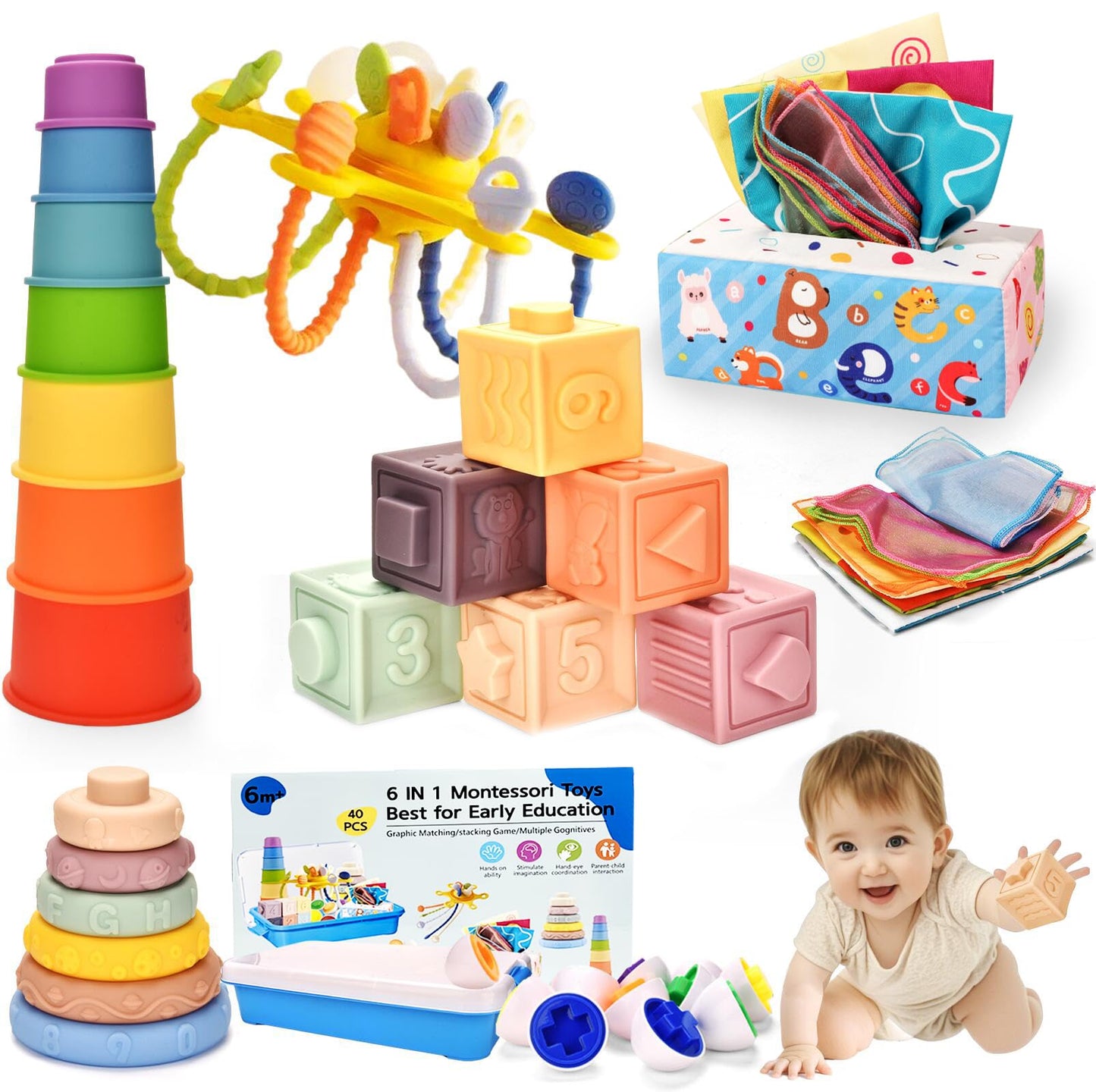 Montessori Toys for 1 Year old,Baby Toys 6-12 Months,6-in-1 Teething Toy for Babies 6 month old,Stacking Blocks Cups,Pull String,Matching Eggs,Sensory Tissue Box Toy for Toddlers 6-9-12 Months Gifts