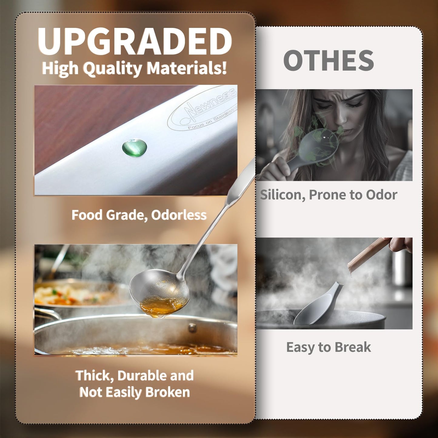 Newness 4 Pcs Cooking Utensils Set, 304 Stainless Steel Kitchen Utensils Set, Metal Kitchen Accessories, Include Soup Ladle, Slotted Skimmer Spoon, Spaghetti Spoon and Spatula, Dishwasher Safe