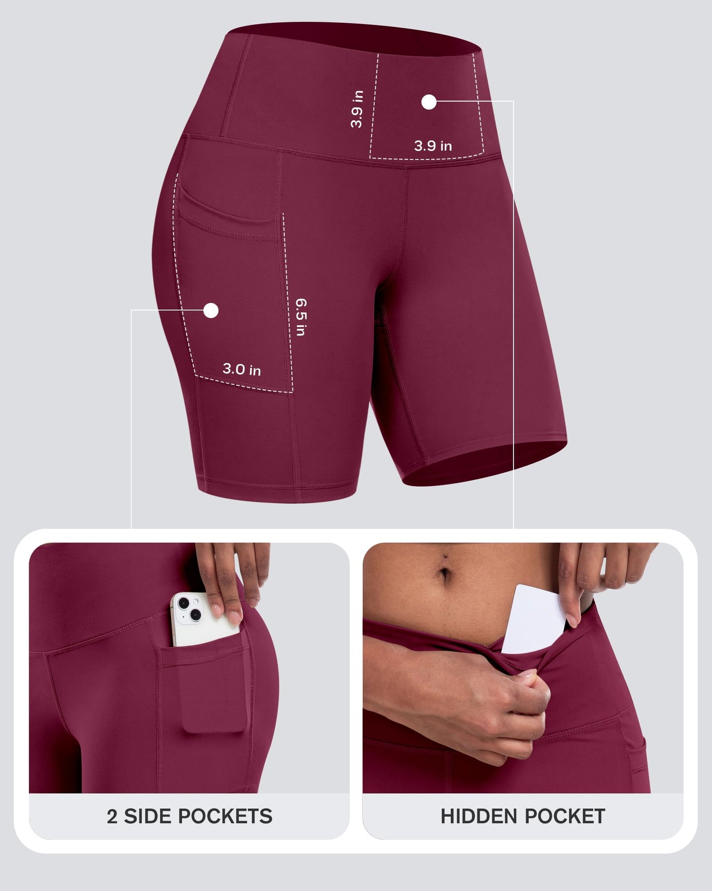 CHRLEISURE Womens Biker Yoga Shorts with Pockets: High Waisted Tummy Control Spandex Workout Athletic Gym Shorts 4 Packs(8'' Black,Gray,Navy,Wine, L)