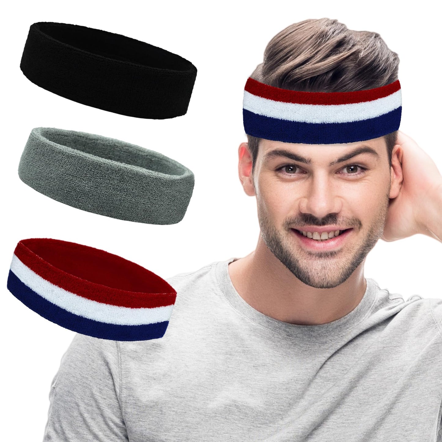 Sweatbands Sports Headbands for Men & Women - 3 Pack Moisture Wicking Cotton Headband for Tennis, Basketball, Running, Gym - Sweat Band