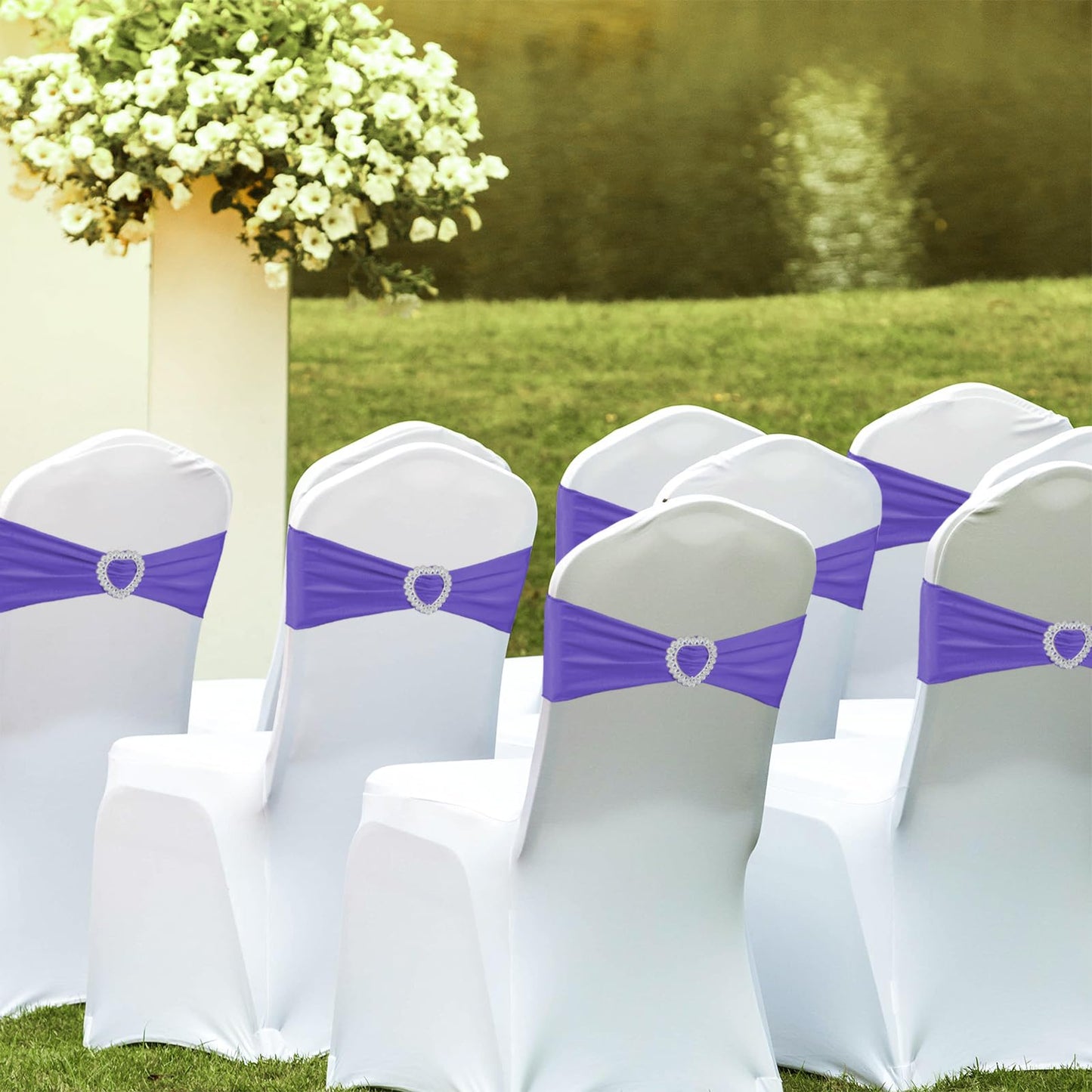 Zrlljp 100PCS Spandex Purple Chair Sashes Bows Universal Stretch Elastic Chair Cover Band Ties with Buckle Slider for Wedding Banquet Birthday Party Reception Event Decoration