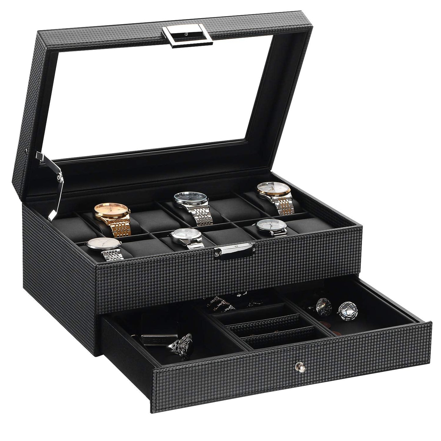 BEWISHOME Watch Box Organizer 12 Slot Watch Case with Valet Drawer, Mens Watch Display Cases for Men with Real Glass Top, 2-Layer Watch Hoder, Metal Hinge, Carbon Fiber Design, Black SSH02C