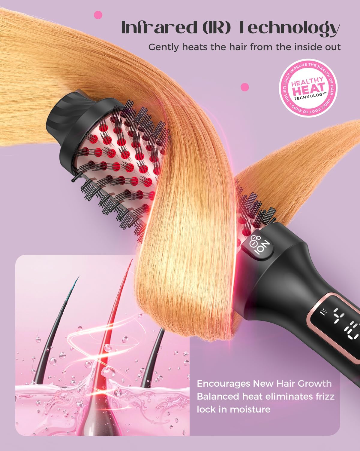 Upgraded Infrared Bounce Brush, Heated Thermal Round Brush with 5 Heat Settings & LED Display, 1.5 Inch lonic for Hair Straightener & Curling Wand, Dual Voltage, Blowout Look, Gifts for Women