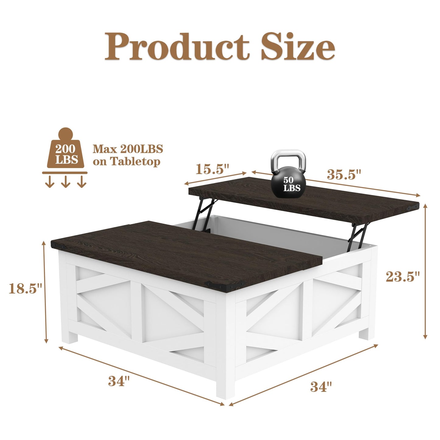 TOLEAD 36" Farmhouse Lift Top Coffee Table with Storage, Square Coffee Table with Charging Station, Living Room Center Table with Large Hidden Space, White
