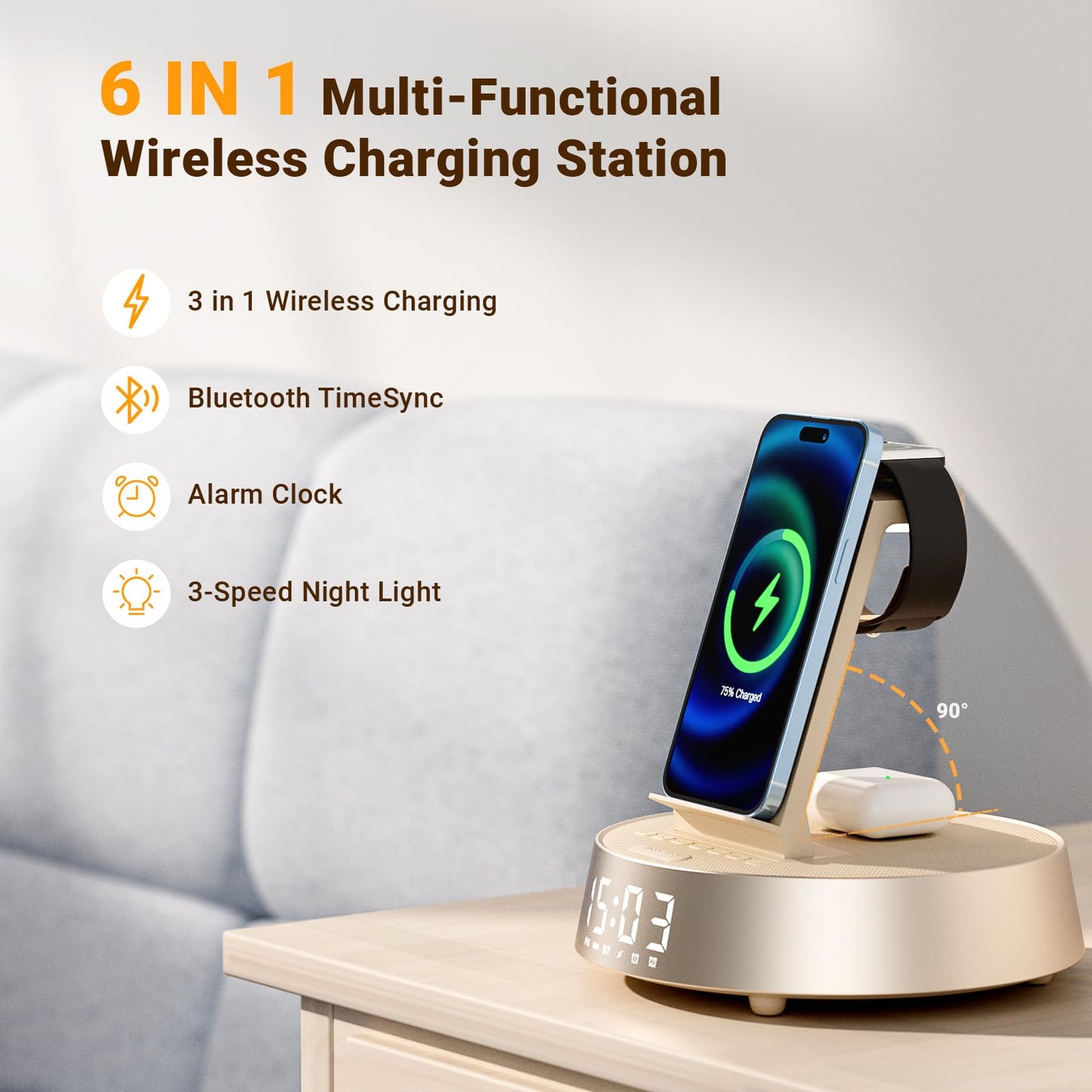 7 in 1 Wireless Charging Station, Alarm Clock for Bedroom with Dimmable Night Light Bluetooth Speaker, Dock Station for iPhone 16 15 14 13 12 11 Pro Max, Apple Watch, AirPods Pro
