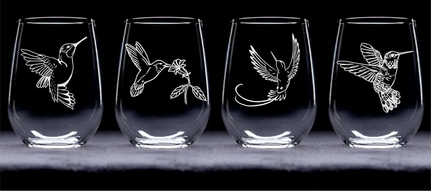 Hummingbird Stemless Wine Glass Set - Hummingbird Themed Gift for Women and Men - 4 Pieces