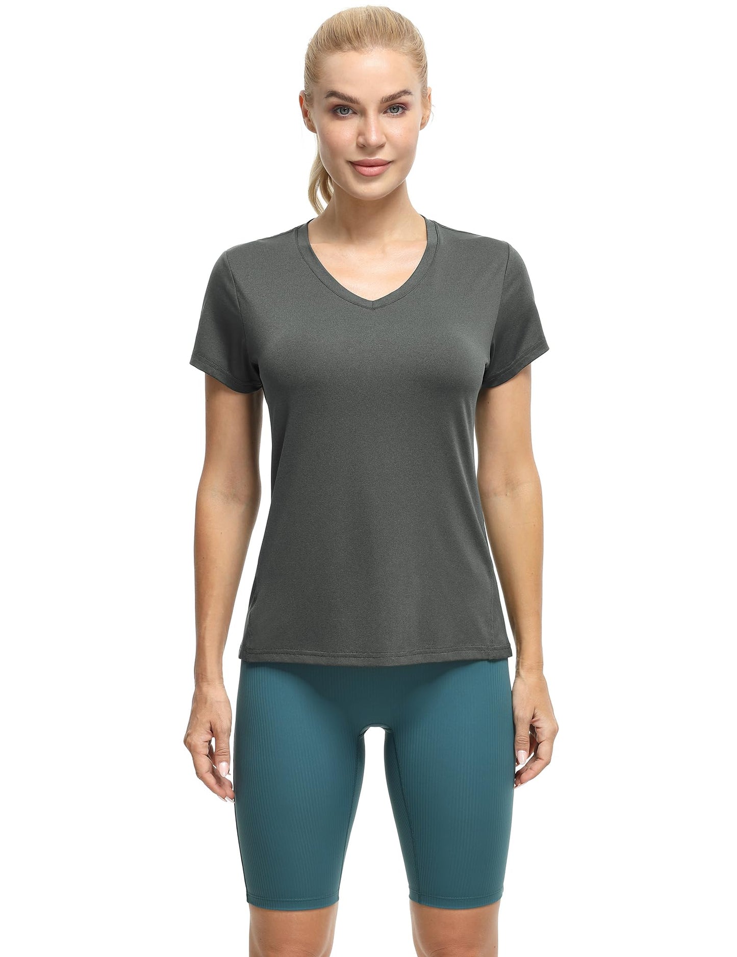 icyzone Workout Shirts Yoga Tops Activewear V-Neck T-Shirts for Women Running Fitness Sports Short Sleeve Tees (Dark Grey/True Navy/Aqua, S)