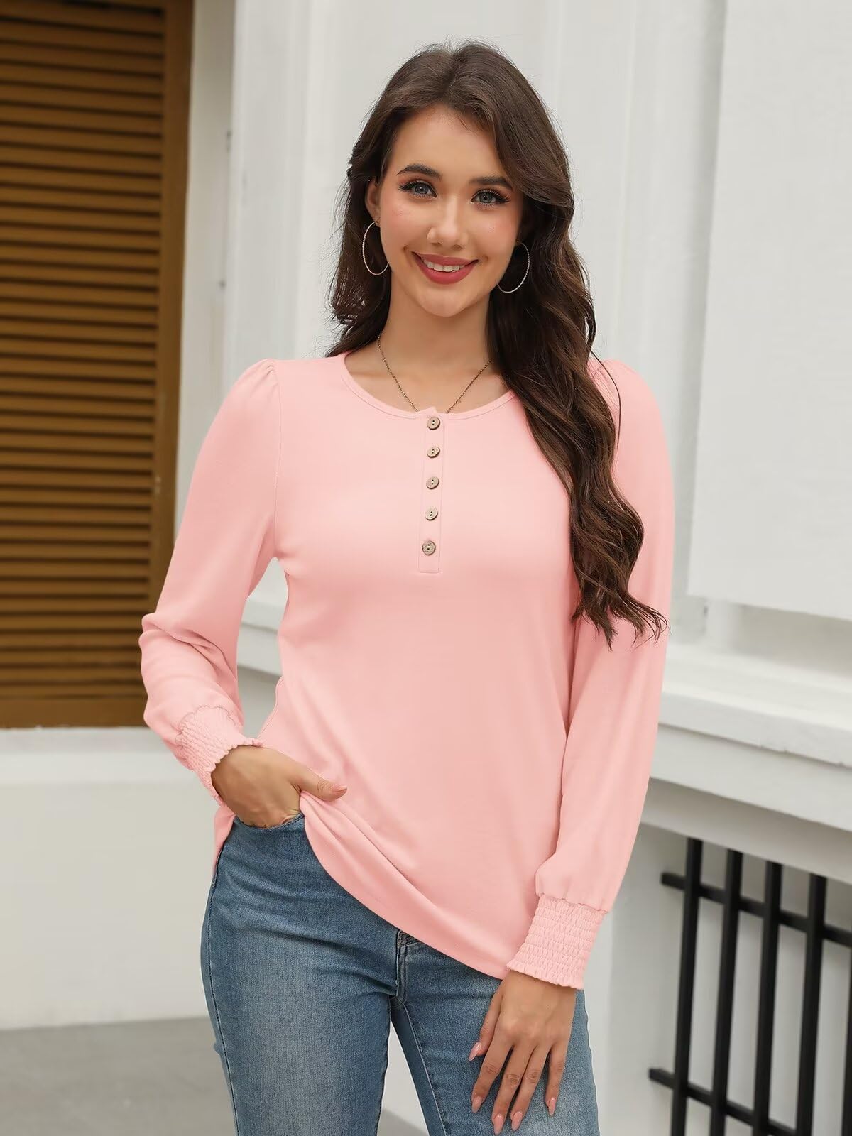 Minetom Women's Long Sleeve Henley Tops Smocked Puff Sleeve Tops Casual Shirts Blouses Pink