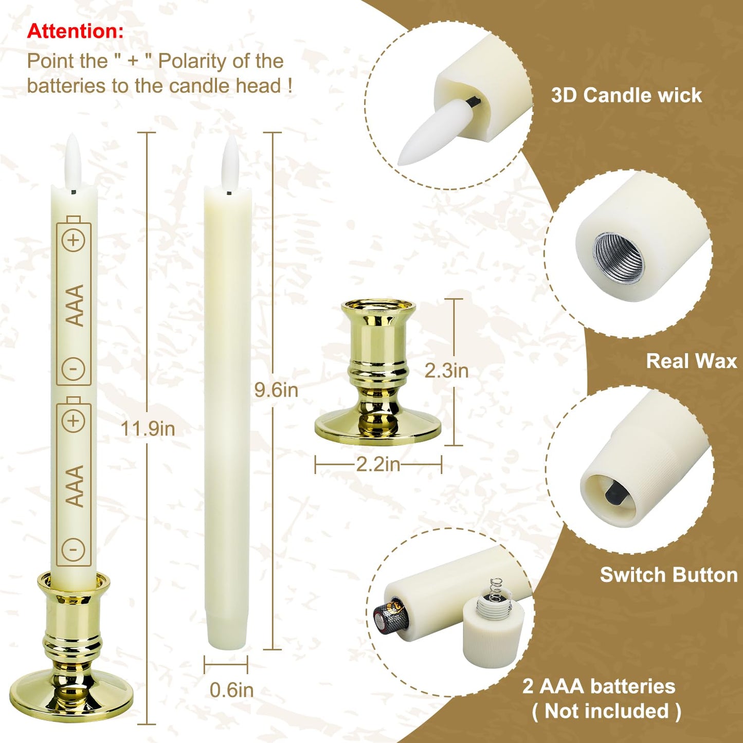 6 Pack Flameless LED Taper Candles With 2 Remotes, Fake Candles With Holders, Battery Operated Pillar 3D Flame Real Wax for Home Decor, Wedding, Table, Festival, Halloween, Christmas