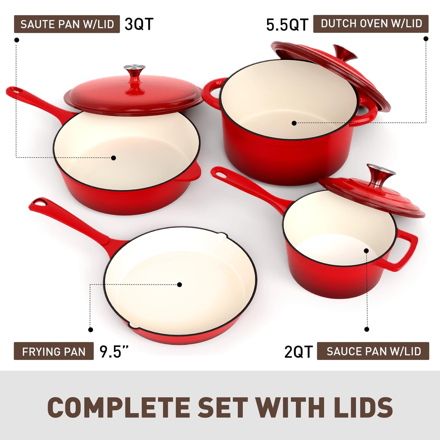 MAISON ARTS Enamel Cast Iron 7 Piece Cookware Set, Heavy Duty Dutch Ovens Pot with Lid, Red Non Stick Pots and Pans Sets, Oven Safe up to 500°F