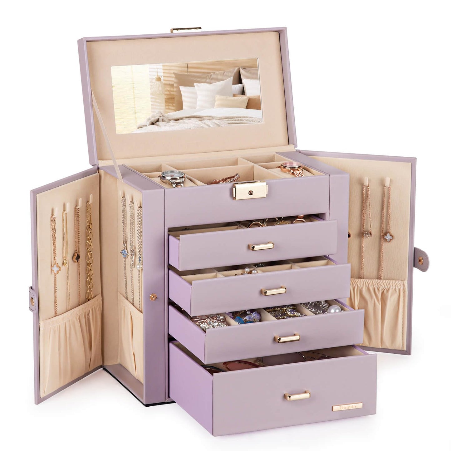 Homde Mother's Day Gifts Synthetic Leather Huge Jewelry Box Mirrored Watch Organizer Necklace Ring Earring Storage Lockable Gift Case (Grey Purple + Gold)