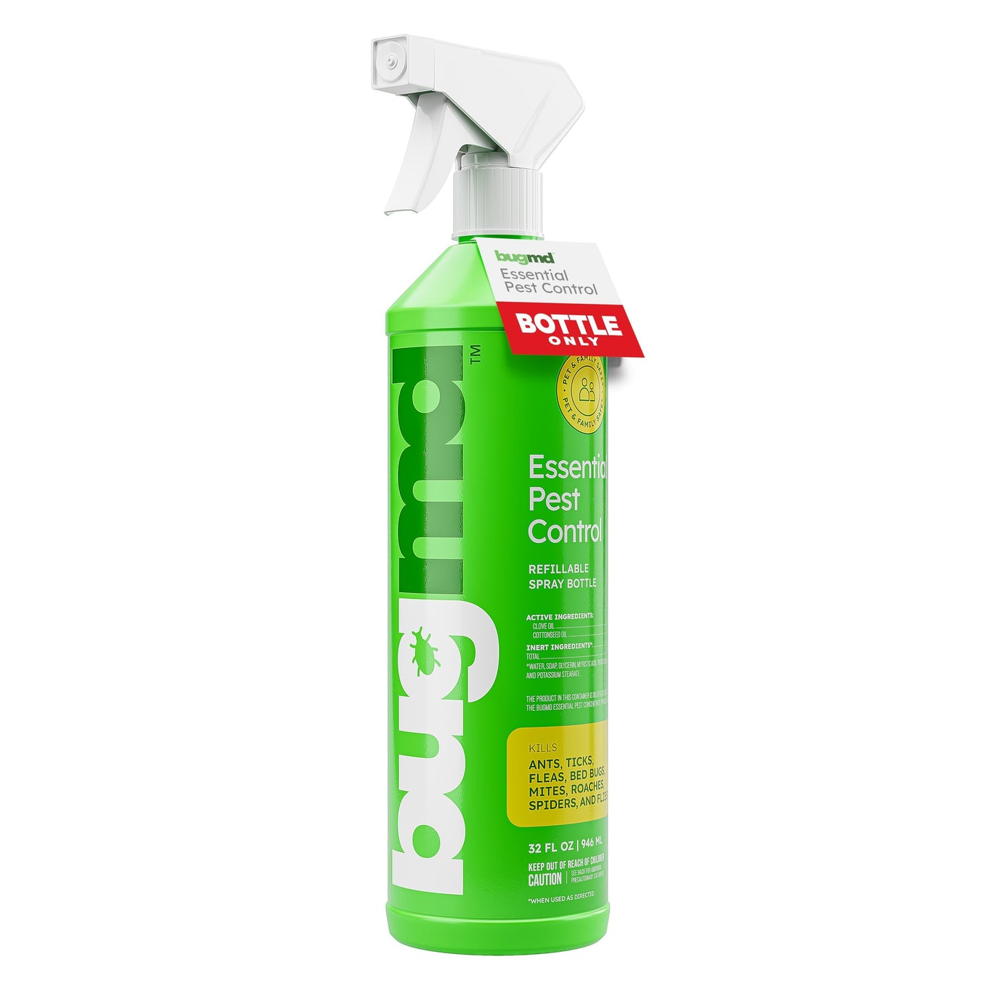 BugMD Empty Refillable Spray Bottle 32 oz. for Use Pest Control Essential Oil Concentrate (Sold Separately), Spray Bottle with 3 Sprays Modes