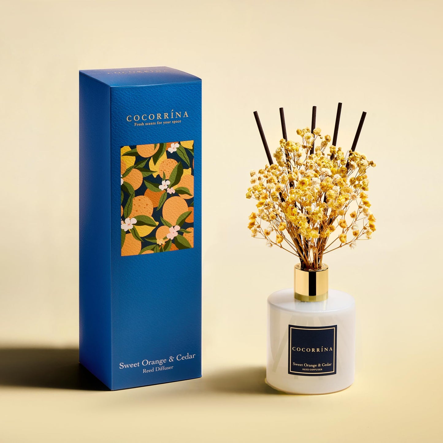 COCORRÍNA Reed Diffuser - Sweet Orange & Cedar 6.7 Fl.oz Reed Diffuser Set with Sticks & Preserved Baby's Breath, Reed Diffuser for Home Bathroom Shelf Decor