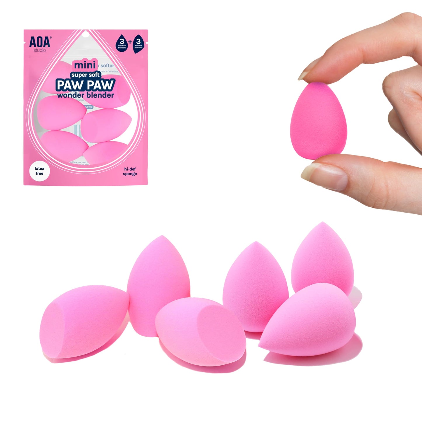 AOA STUDIO Collection MiNi Makeup Sponge Set Blender Latex Free and High-definition of 6 For Powder Cream Liquid, Super Soft Wonder Beauty Cosmetic 3 Tear Drop + Beveled Shape (Pink)