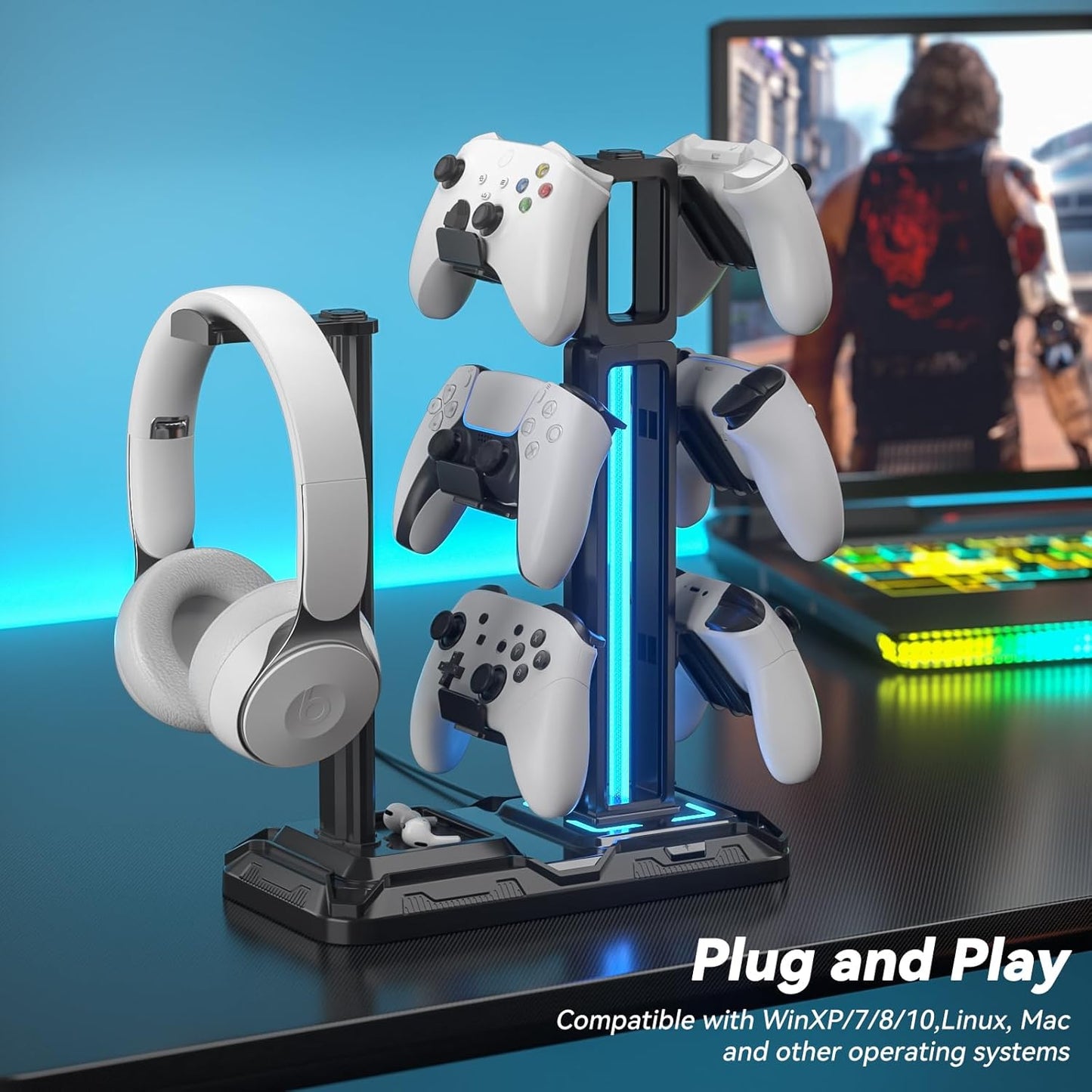 KDD RGB Multi-Controller Holder with 9 Light Modes - Rotatable Universal Headphone Hanger - Controller Stand with 6 Detachable Hooks for Desktop Gamer Accessories