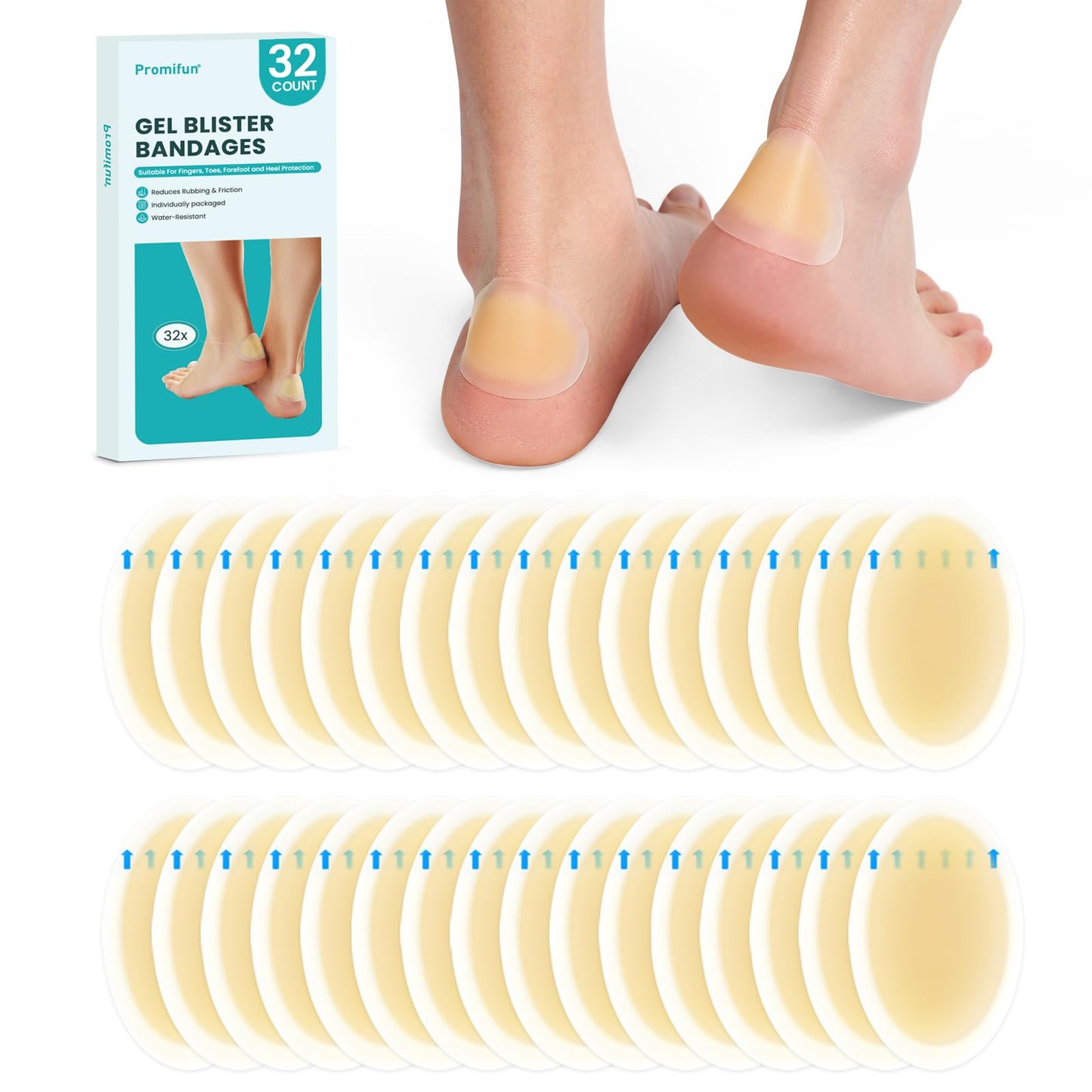 Hydrocolloid Gel Blister Bandages Pads - (Variety Pack) Promifun 32ct Waterproof Adhesive Blisters Bandages - Blister Pads for Heel, Foot, Toe, Feet - Gel Blister Chshions for Prevention & Recovery