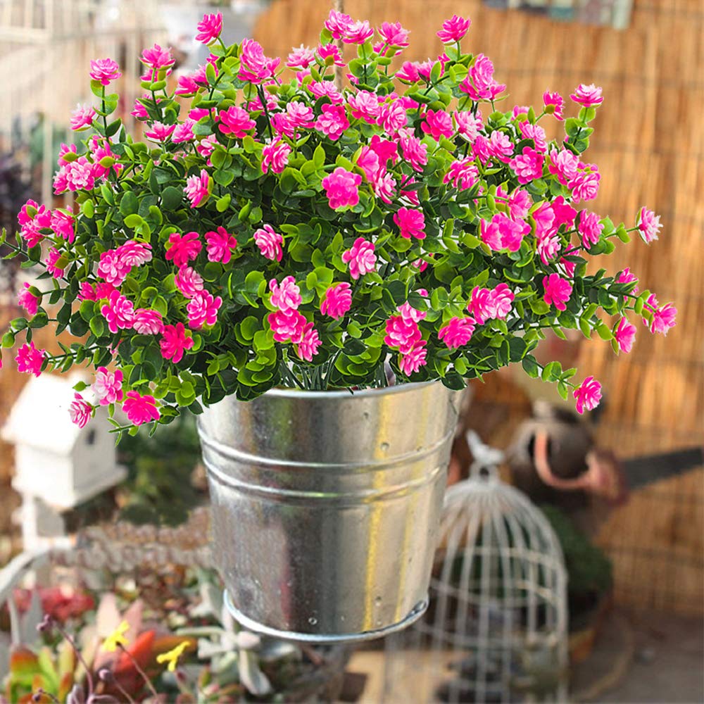 Grunyia 10 Bundles Artificial Fake Flowers, Faux Outdoor Plastic Plants UV Resistant Shrubs Outside Indoor Decorations (Pink-Eucalyptus)
