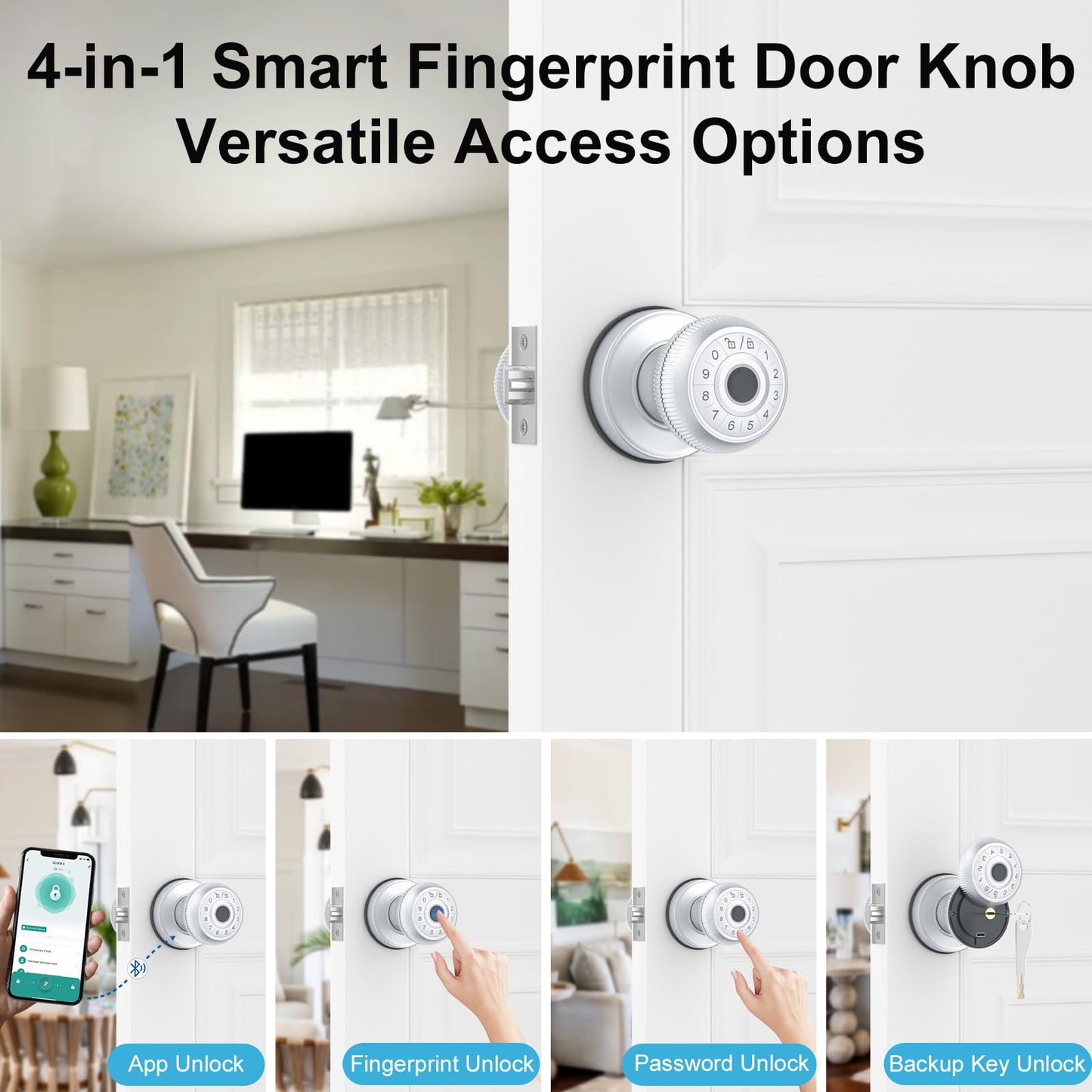 BIWIBON 4-in-1 Smart Door Knob, Fingerprint Door Knob with App Control, Smart Fingerprint Door Lock with Keypad, Real Privacy Mode, Auto Lock, Ideal for Home, Bedroom, Garages &Office, Silver,1 Pack