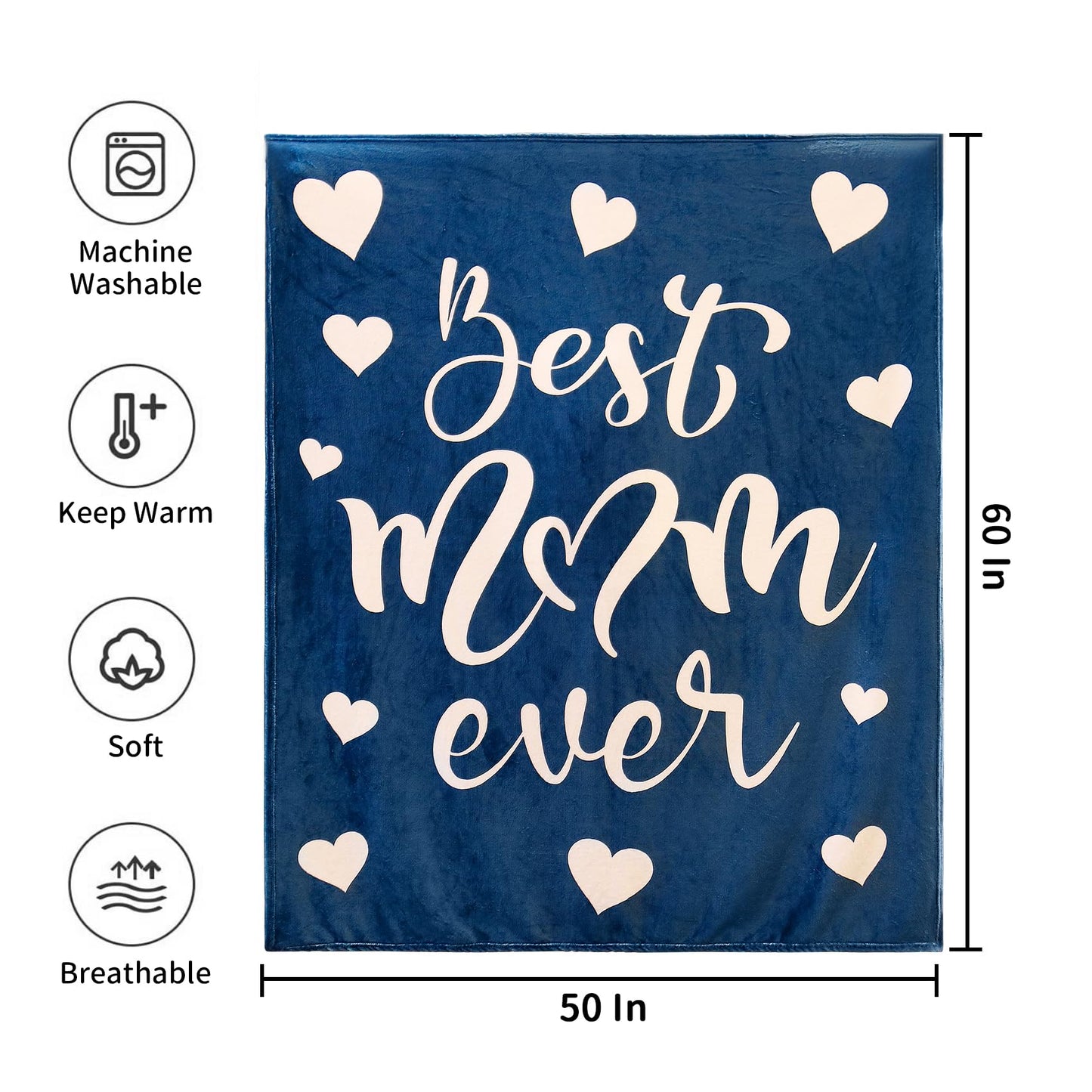 Throw Blankets Gift for Mom from Daughter Son, Best Mom Ever Blanket for Mother's Day, Soft Flannel Throw Blankets for Christmas Valentines Gift 60" x 50"(Blue)
