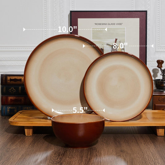 Pokini Stoneware Dinnerware Set Service for 4, 12 pcs Reactive Glaze Plates and Bowls Sets, Handmade Round Dishes Set, Highly Chip and Crack Resistant Modern Plate Set, Brown Yellow