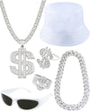 6Pack 90s 80s Hip Hop Costumes Kit for Men 2000s Y2K Sunglasses Rings Hat Rapper Outfit Accessories for Themed Party