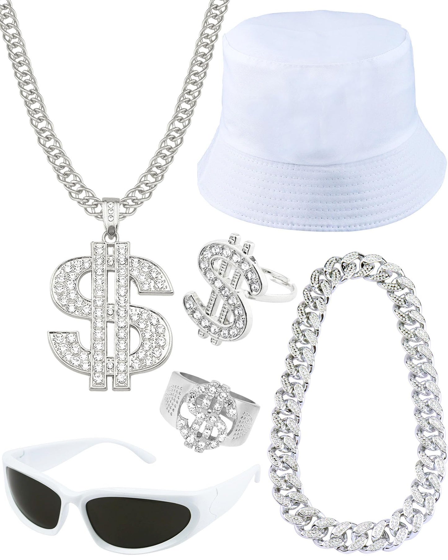 Riuziyi 6Pack 90s 80s Hip Hop Costumes Kit for Men 2000s Y2K Sunglasses Rings Hat Rapper Outfit Accessories for Themed Party (Silver)