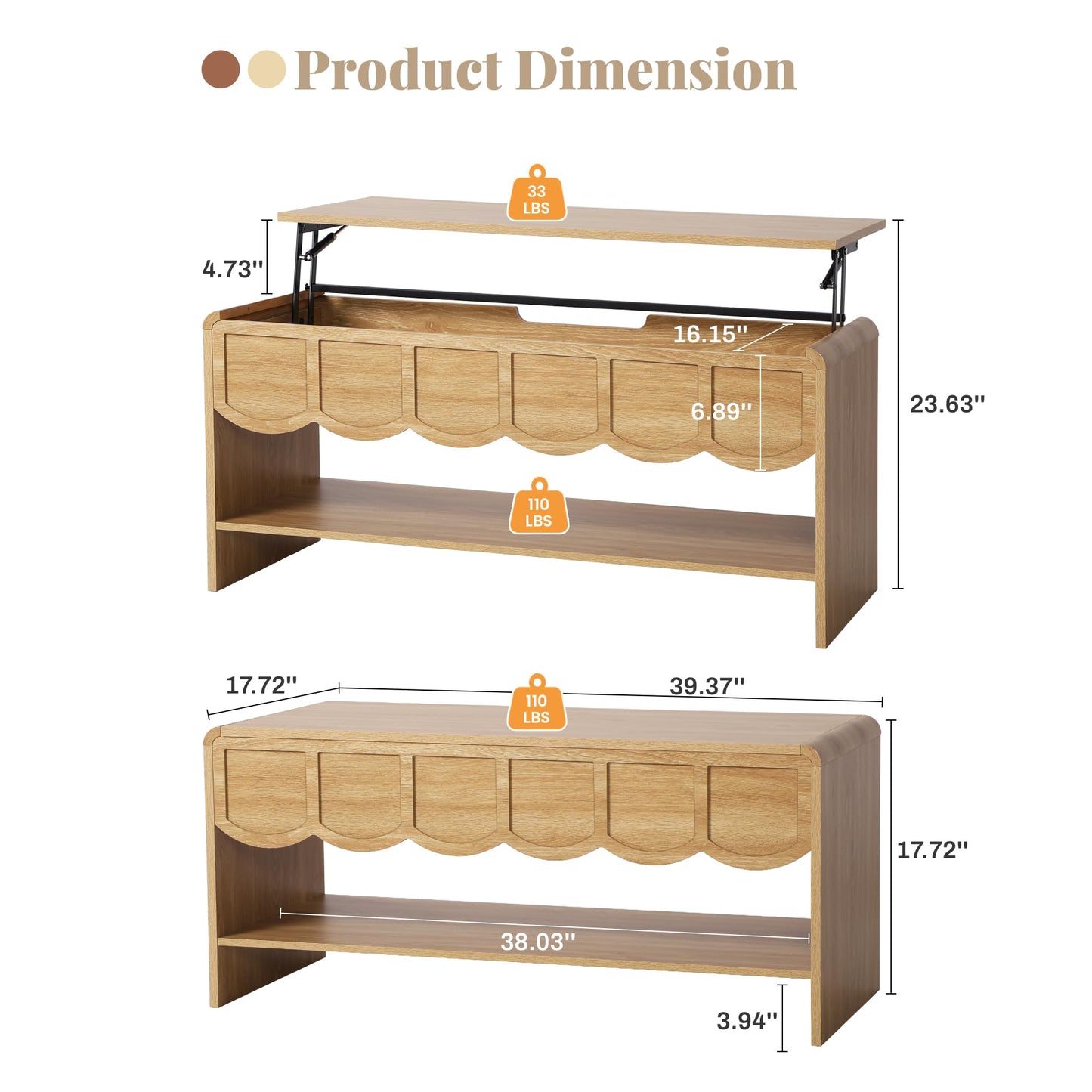 Lift Top Coffee Table with Hidden Compartment, 2 Tier Wooden Center Table with Wave Panel, Modern Lift Tabletop for Home Living Room Office, Natural