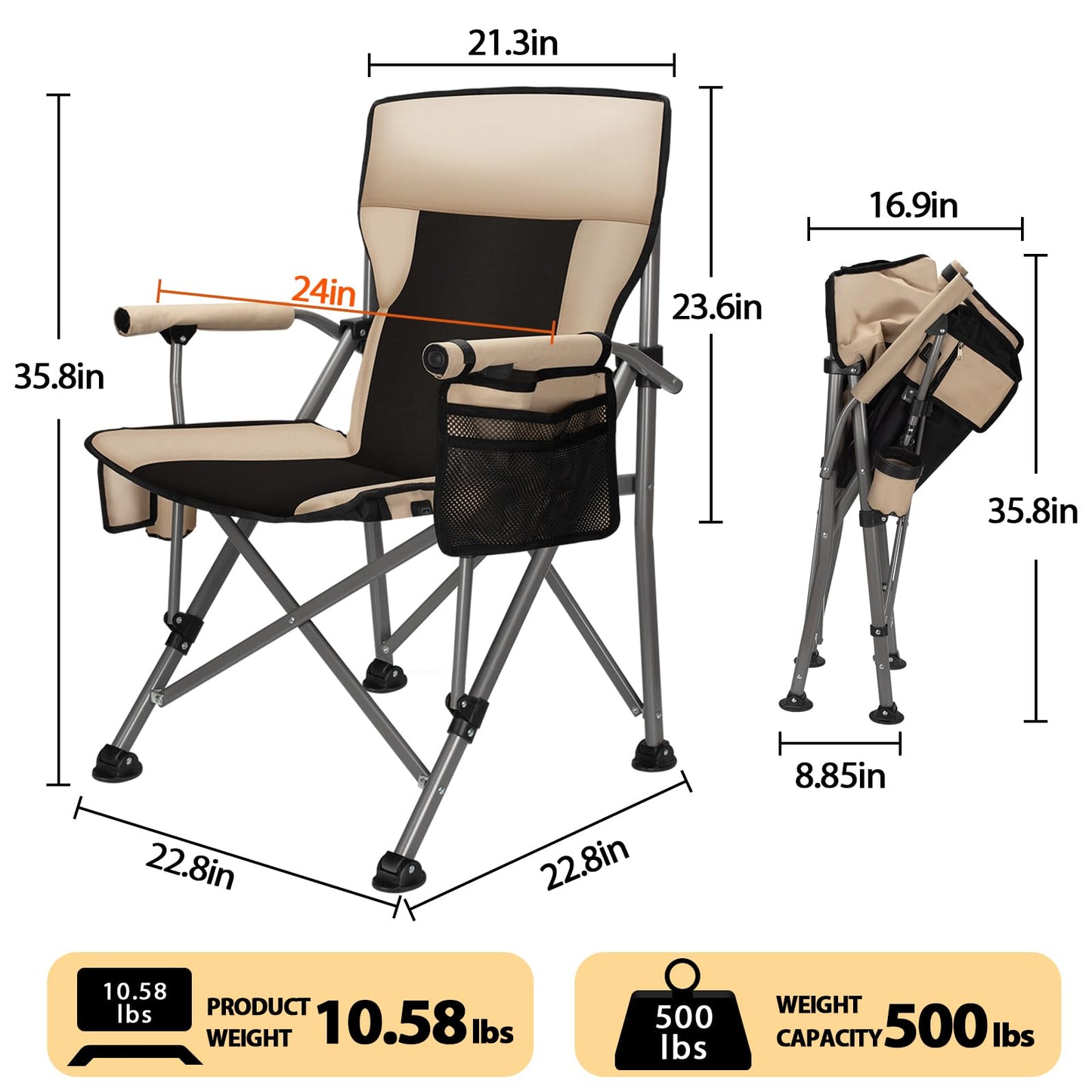 QUYUAN Heated Camping Chair with 20,000 mAh Battery, Fully Padded Heated Camp Chairs, Loog-Lasting for 500 Mins, Heavy Duty Folding Chairs Supports 500 lbs for Camping, Outdoor Sports, Picnics, Beach