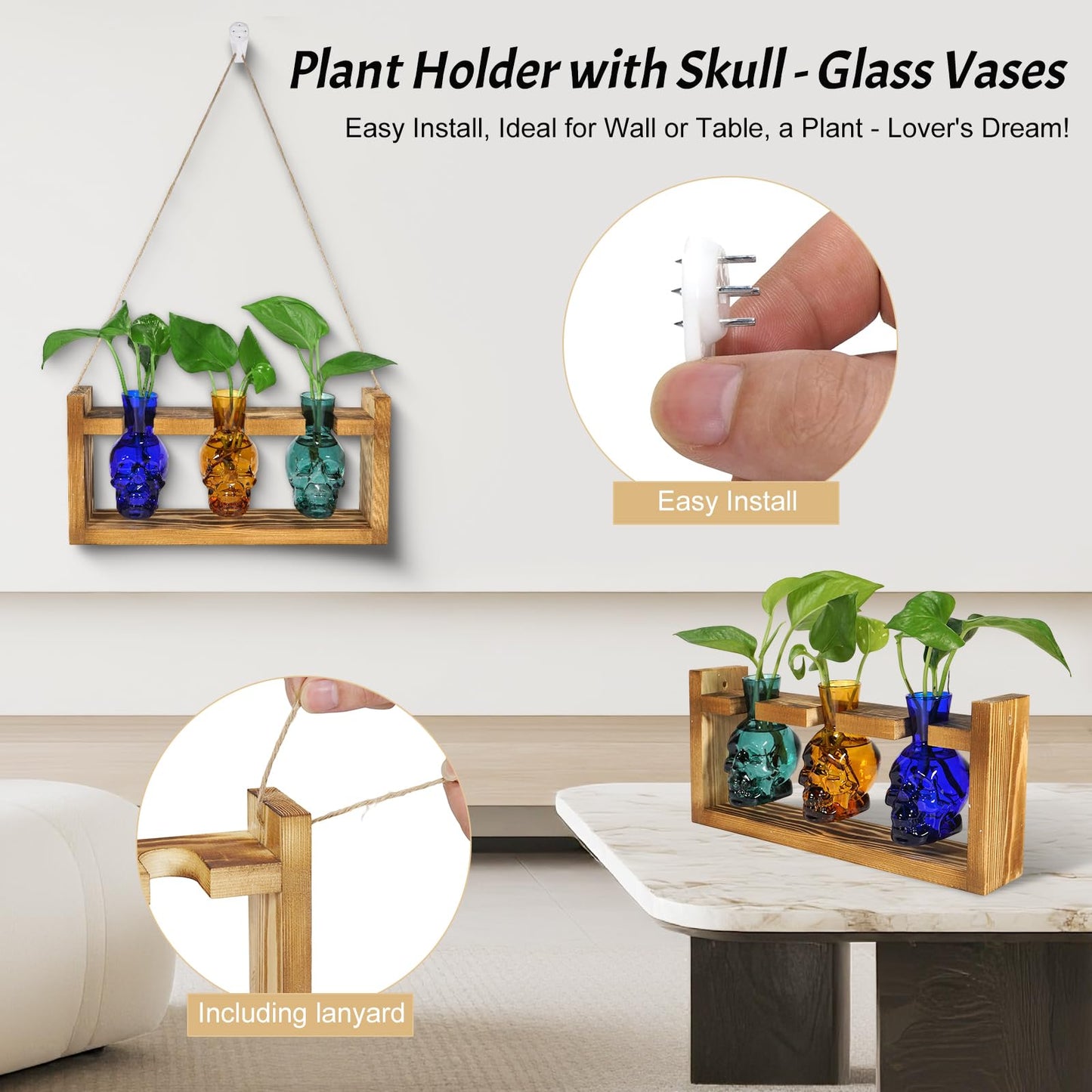 Plant Terrarium Propagation Stations Hydroponics Planter Vase Skulls Decor with Wooden Stand Gift (3*Mixed Color)