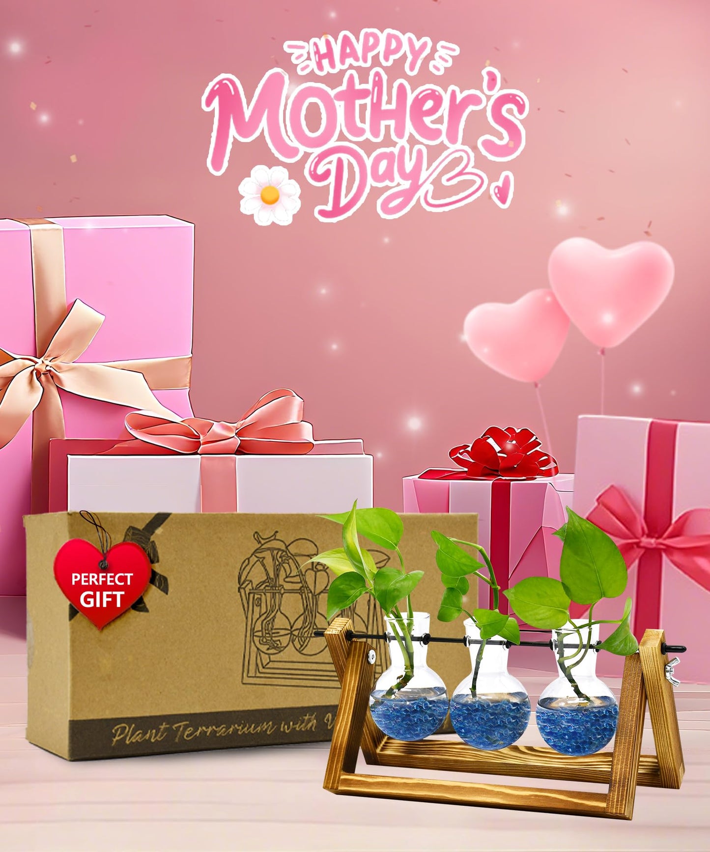 Nacome Plant Terrarium for Office Decor: Wooden Stand Tabletop Planter 3 Bulb Glass Vase Metal Swivel Holder for Hydroponics Indoor Home - Birthday Gifts for Women Mom Grandma