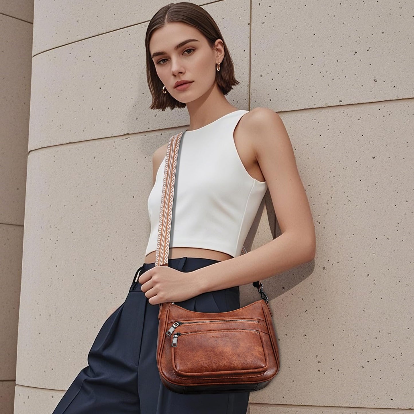 KITEVIUN Crossbody Bags for Women Leather Purse Trendy Multi Pocket Shoulder Handbags with Adjustable Guitar Strap